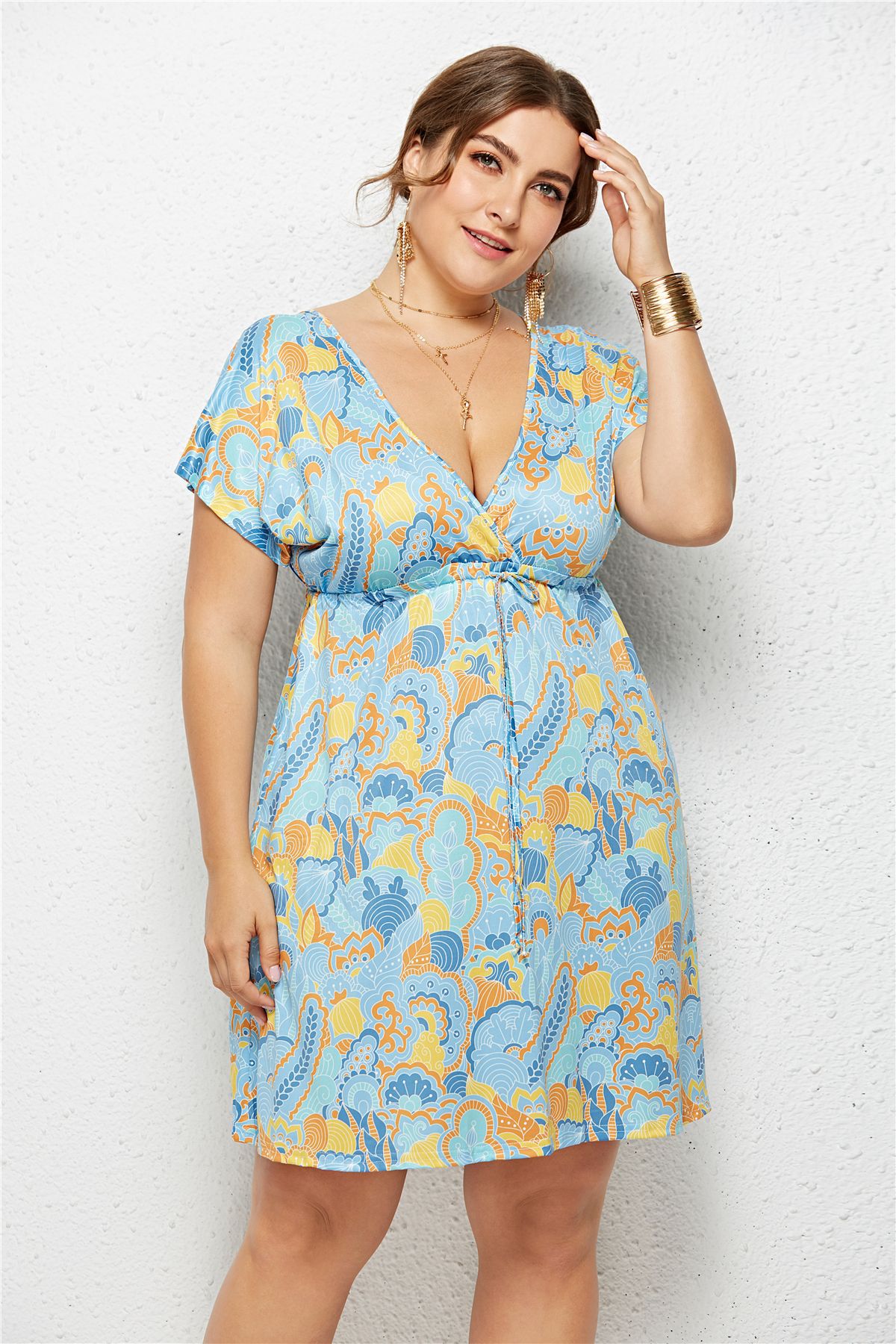 Elastic Waist V-Neck Printed Dress