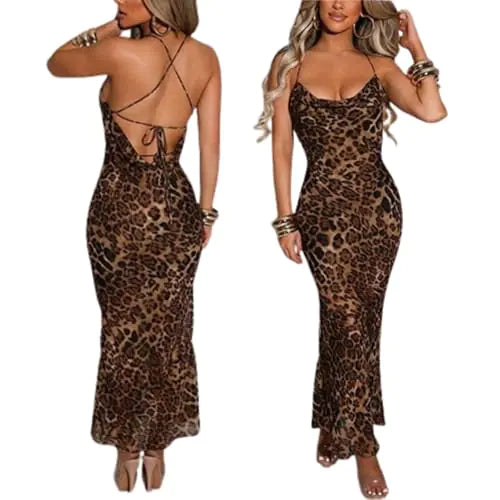 Leopard Elegance Maxi Dress - V Neck & Spaghetti Straps