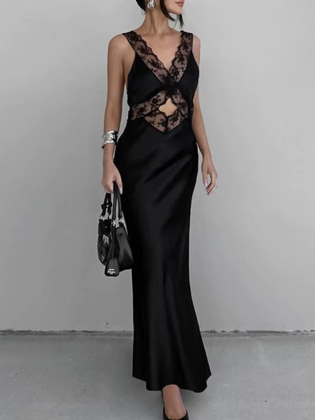 Elegant Lace Spliced Maxi Gown