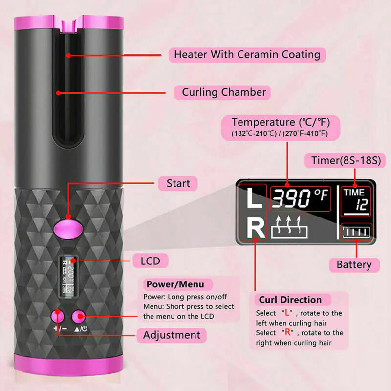 Cordless Ceramic Curling Iron Auto Waver USA