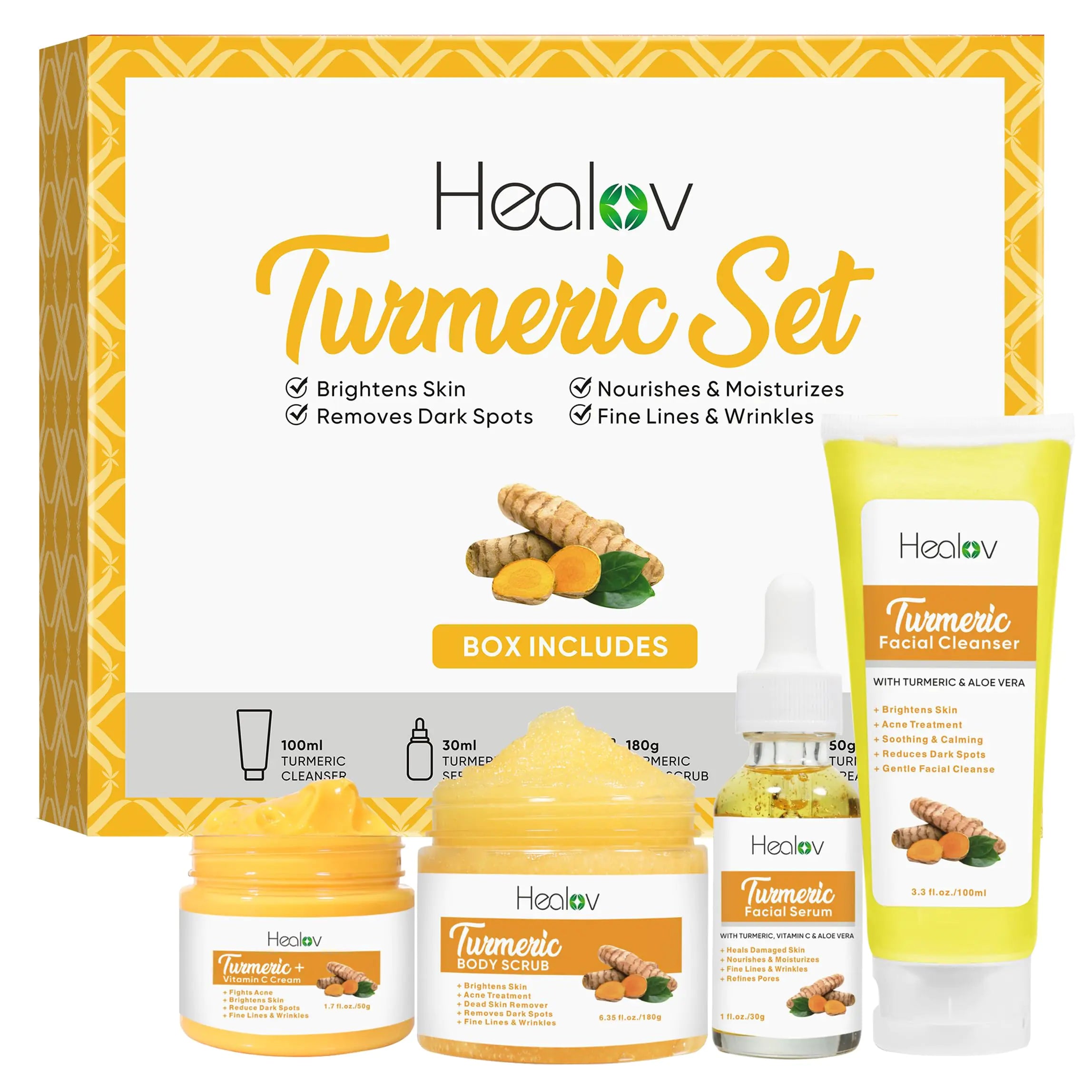 Turmeric Skincare Set - Turmeric Skin Care Products Brightening &amp; Acne - Turmeric Skin Care Kit Turmeric Skin Care Set - Turmeric Cleanser Body Scrub Face Cream &amp; Facial Serum