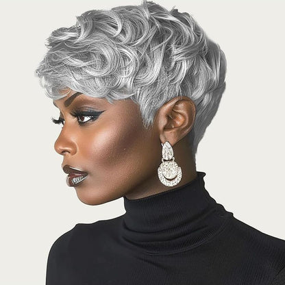 This pixie-cut grey gradient wig with natural-looking bangs 