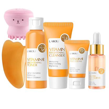 Vitamin C Skincare Set Beauty Gift Sets Travel Skin Care Coreano Kit - Toner Serum Cream Cleanser &amp; Brush Guasha Board Birthday Skin Care Kit For Teens 6pcs Skin Care Routine Kit For Women
