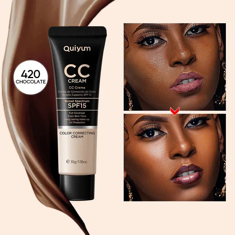 Quiyum CC Cream 30ml (Color Box) - Hydrating and Concealing with 420 Chocolate shade for flawless skin.