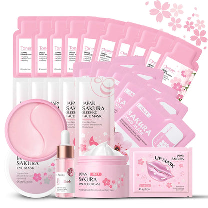 Skincare Set for Teenage Girls Japan-Sakura Skin Care Products Set Skin Care Sets &amp; Kits Cleanser Toner Serum Cream Sleep MaskEye MaskMud MaskLip Mask Beauty Products Daily Face Care 24PCS