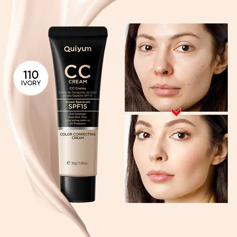Quiyum CC Cream 30ml (Color Box) - Hydrating and Concealing displayed with before and after results on model.