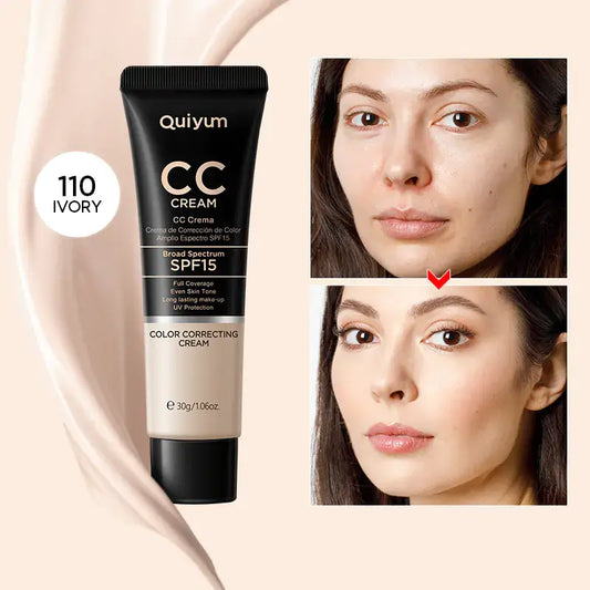 Quiyum CC Cream 30ml (Color Box) - Hydrating and Concealing displayed with before and after results on model.