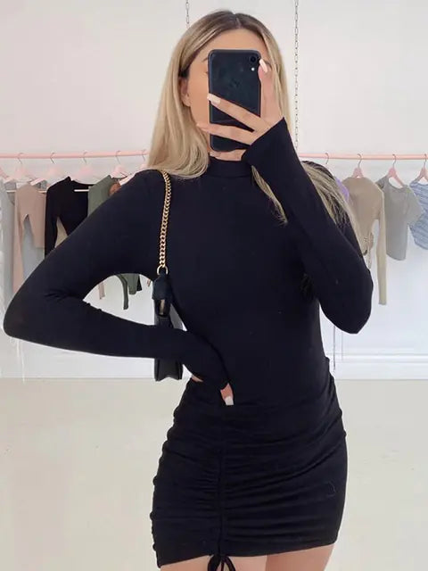 Chic Black Ruched Mini Dress