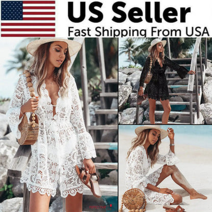Boho Lace Beach Cover-Up Maxi Sundress US