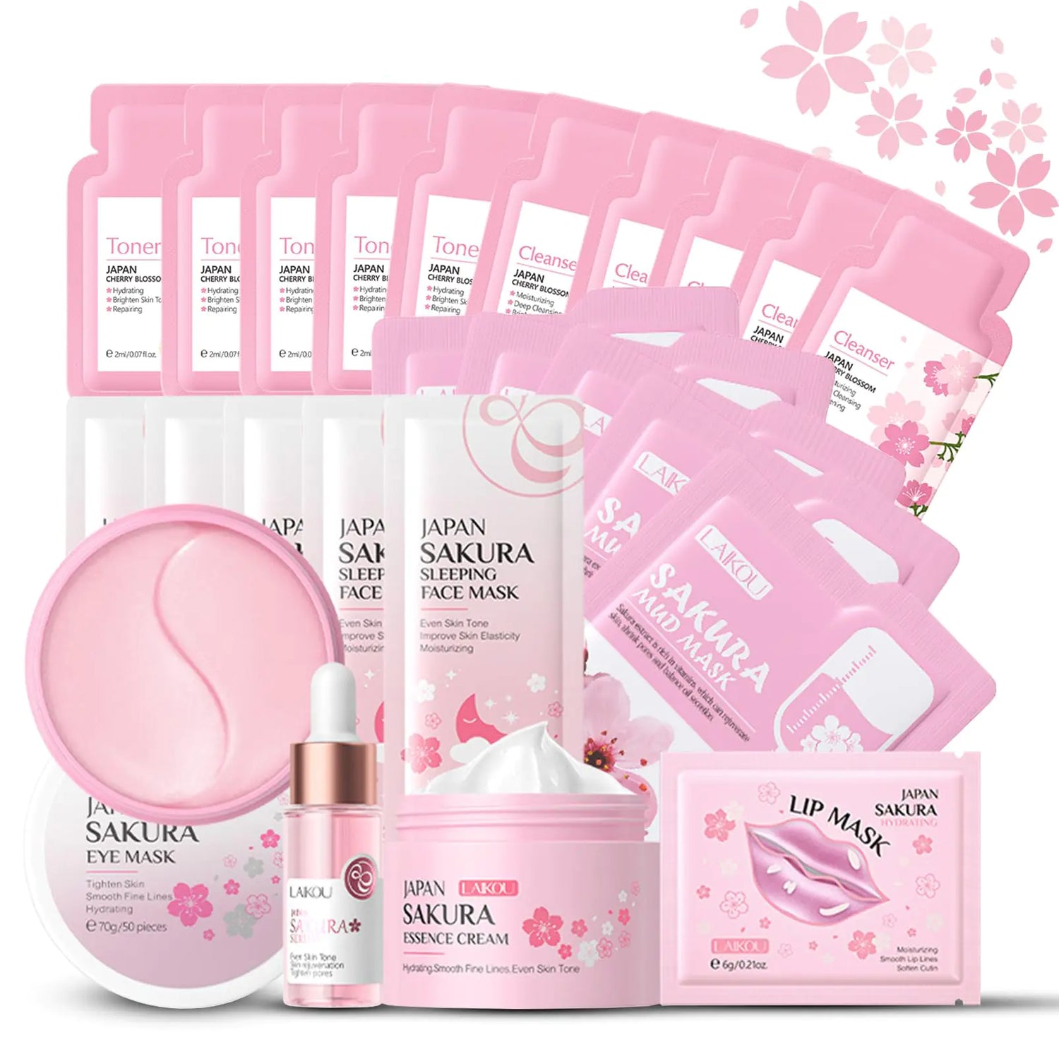 Skincare Set for Teenage Girls Japan-Sakura Skin Care Products Set Skin Care Sets &amp; Kits Cleanser Toner Serum Cream Sleep MaskEye MaskMud MaskLip Mask Beauty Products Daily Face Care 24PCS