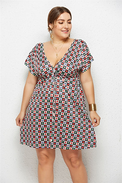 Elastic Waist V-Neck Printed Dress
