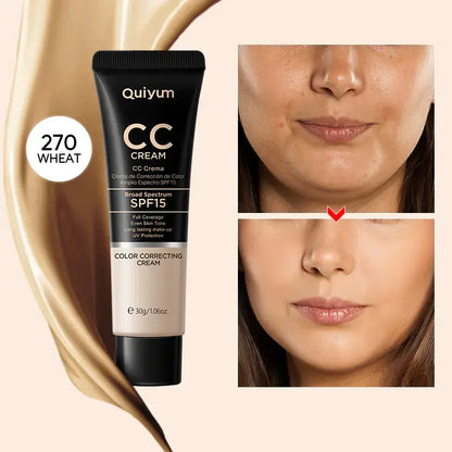 Quiyum CC Cream 30ml (Color Box) - Hydrating and Concealing with swatches showcasing coverage and hydration.