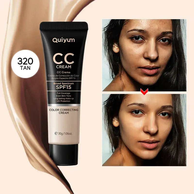 Quiyum CC Cream 30ml in 320 Tan providing hydration and coverage for a flawless complexion, perfect hydrating CC cream.
