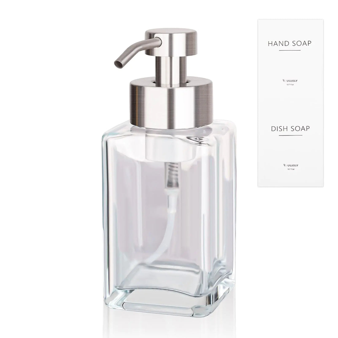 Foaming Soap Dispenser with Stainless Steel Pump 12oz Refillable Glass Liquid Dish Soap Bottles for Bathroom Kitchen Sink Home Decor