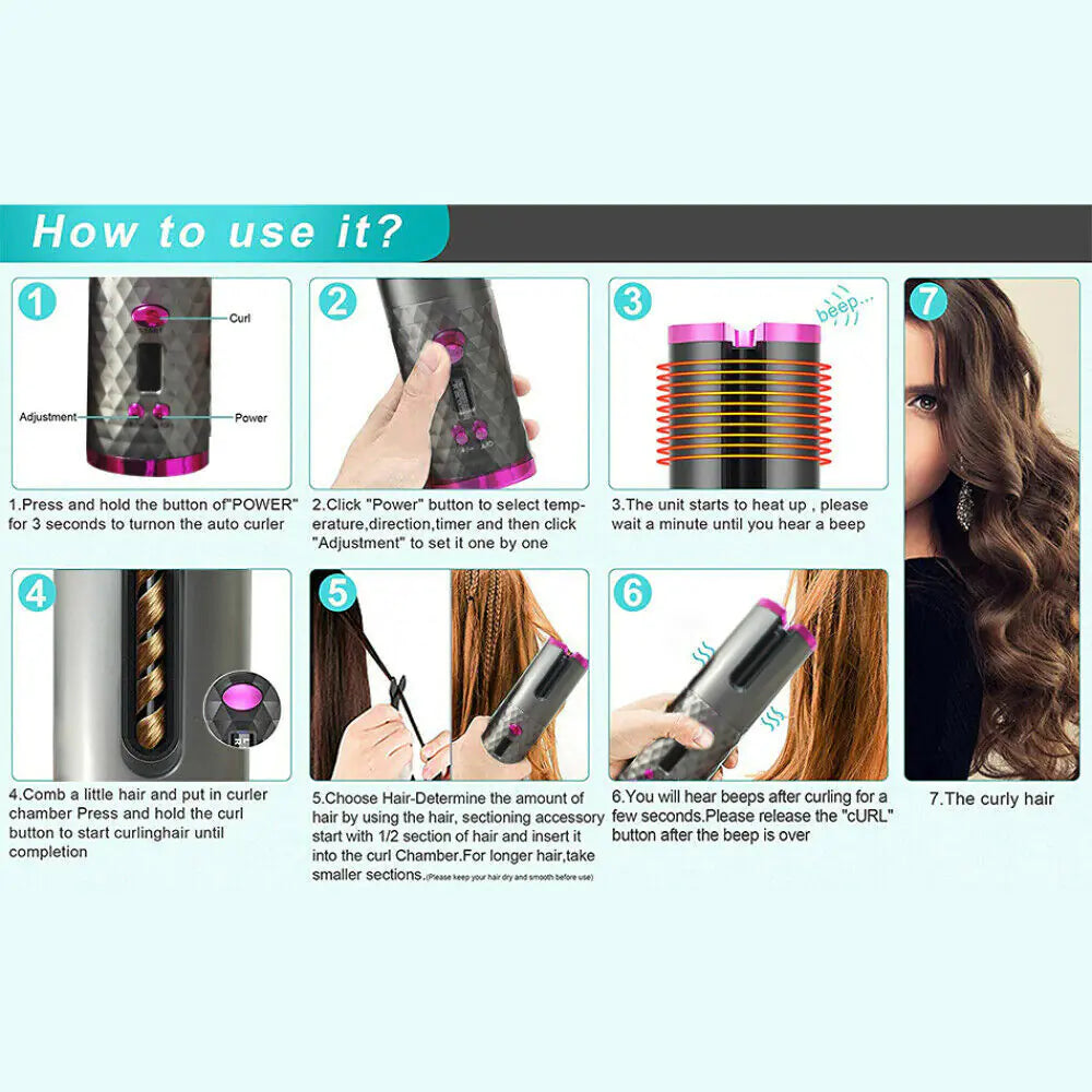 Cordless Ceramic Curling Iron Auto Waver USA