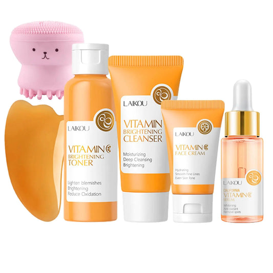 Vitamin C Skincare Set Beauty Gift Sets Travel Skin Care Coreano Kit - Toner Serum Cream Cleanser & Brush Guasha Board Birthday Skin Care Kit For Teens 6pcs Skin Care Routine Kit For Women