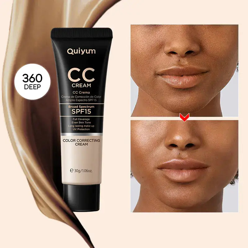 Quiyum CC Cream 30ml (Color Box) - Hydrating and Concealing product packaging with before and after skin results.