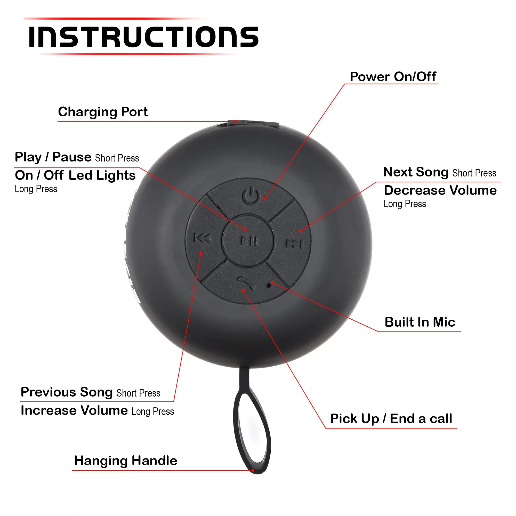 AQUABEAT Waterproof Bluetooth Shower Speaker with LED